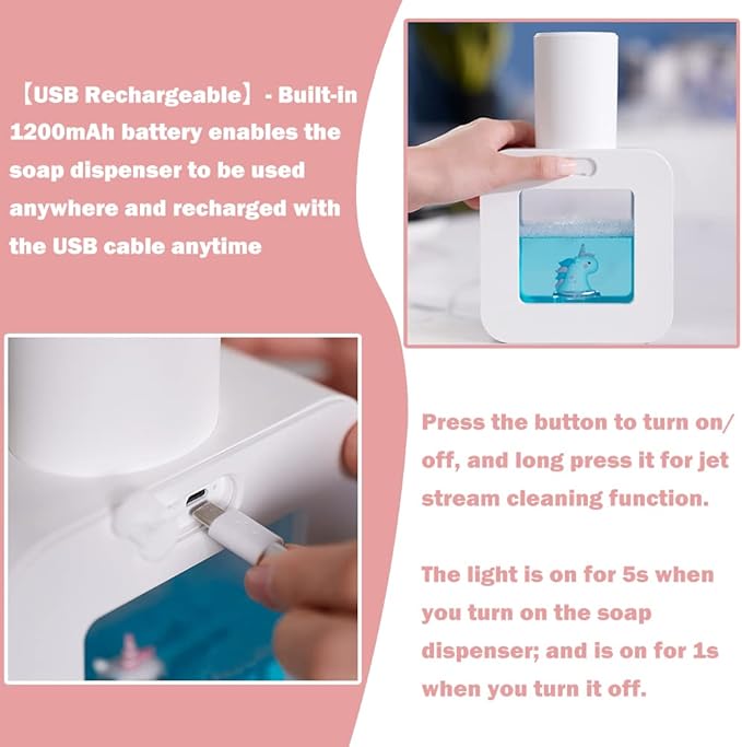 Automatic Foam Soap Dispenser - Cute Kids Touchless Unicorn Hand Soap Dispenser,Wall Mount Waterproof USB Rechargeable, 13.5oz/ 400ml for Bathroom Countertop, Kitchen, Office, Hotel, Preschool