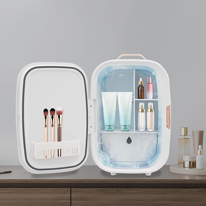12L Mini Cosmetic Fridge - Pink/White Skincare Cooler for Makeup & Perfumes, Compact Skincare Refrigerator with LED Light & Adjustable Shelves, 110V Beauty Fridge (White)