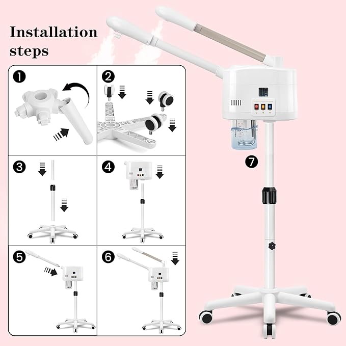 Facial Steamer, 2 in 1 Face Steamer with Cold & Hot Mist, Professional Facial Steamer with Timer Function, Stand Face Steamer Adjustable Height for Spa, Salon and at Home use