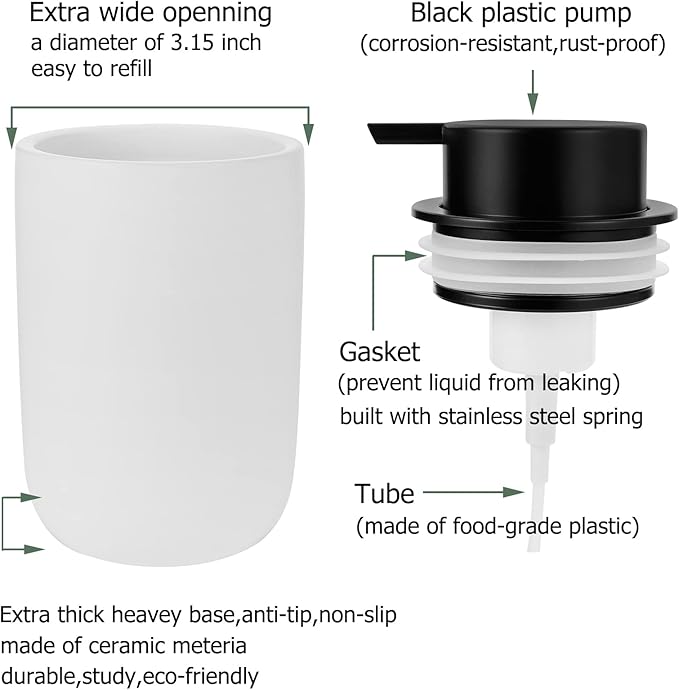 Foaming Soap Dispenser Thick Ceramic Foam Hand Soap Dispenser for Bathroom or Kitchen Sink, Liquid Pump Bottles for Hand soap, Body Wash, 2 Pack White