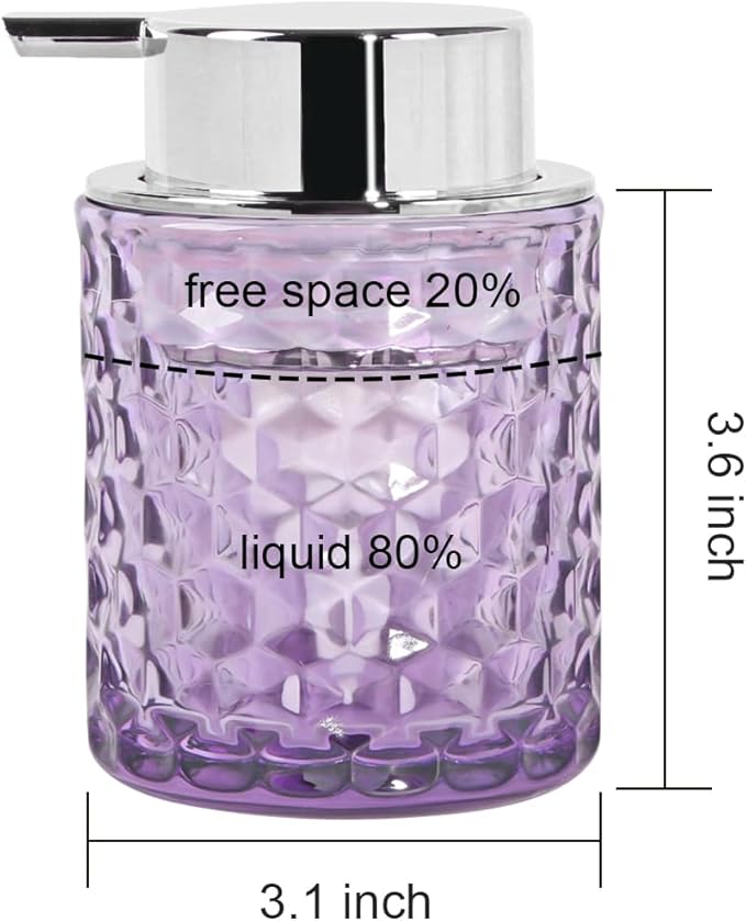 10 Oz Glass Hand Soap Dispenser with Pump, Refillable Bathroom Gold Foaming Soap Dispenser, Vintage Glass Diamond Lotion Container Bottle for Bathroom and Kitchen (1, Purple and Silver)