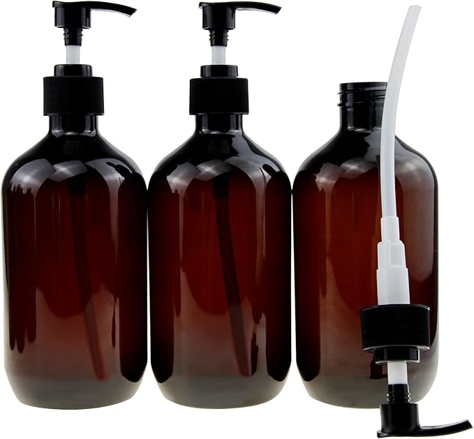 Empty Plastic Bottles with Pump Dispenser and Labels Included, Refillable Travel Containers for Hand sanitizer Shampoo Lotion, etc - No BPA/Parabenf, 500ml/16.9oz (Amber, 3 Pack)