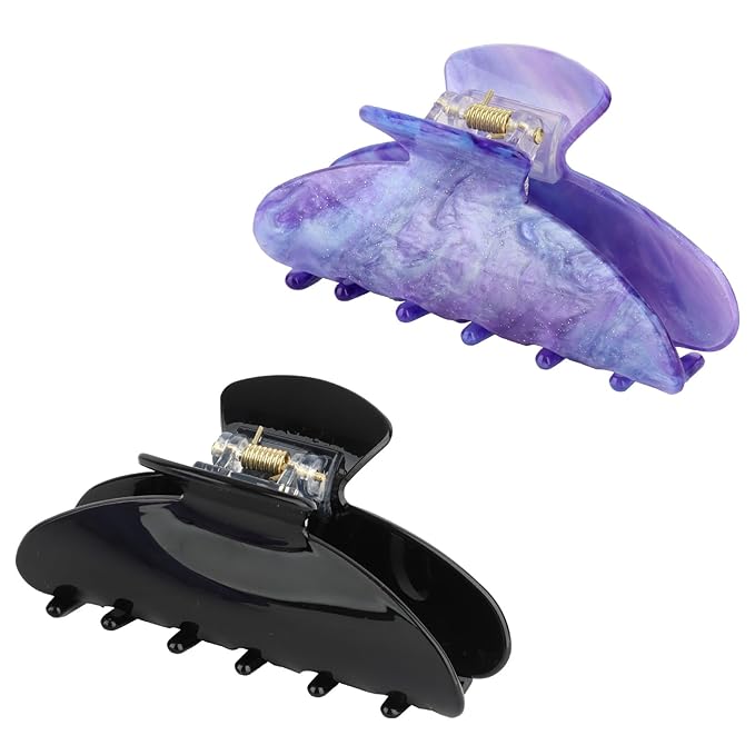 2 Pack Hair Claw Clips for Women, Acrylic Claw Clips for Thick Hair Non-slip Clip for Hair, Large Claws Hair Accessories for Women (Black & Purple)