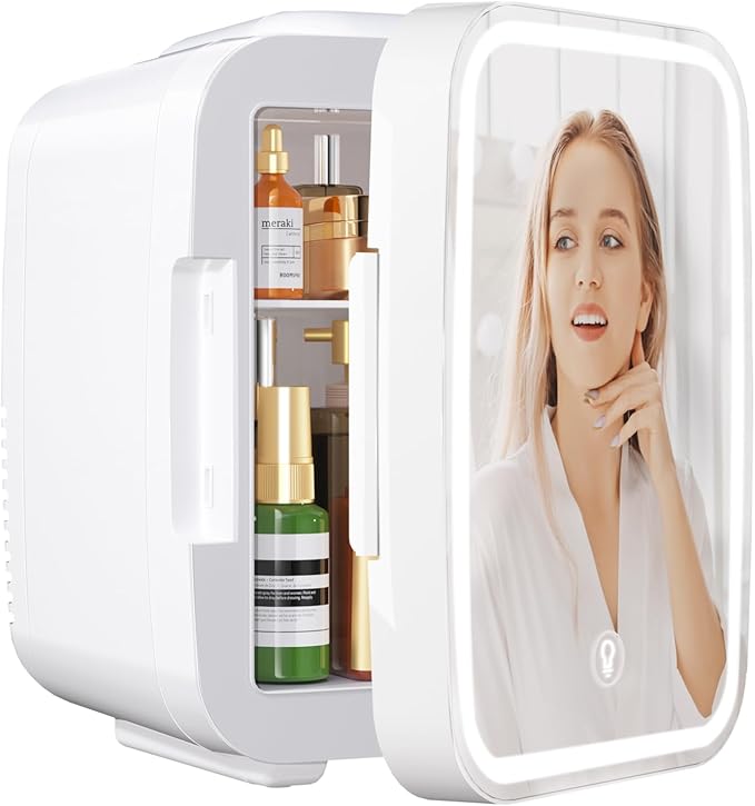 Skincare Fridge Mini Fridge for Bedroom with Dimmable LED Mirror, 4Liter/6 Cans Cooler and Warmer for Makeup, Cosmetic, Beauty, Portable Refrigerator for Bedroom, Vanity, Office and Car- White