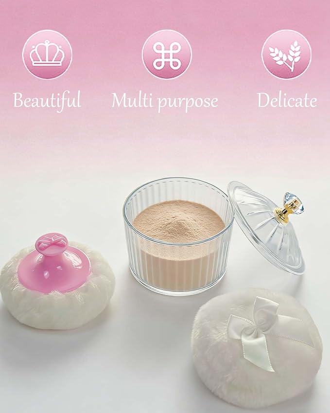 5Pcs Dusting Powder Container with Puff Set - 4 Pcs 3.15 inche Large Fluffy Puff, Leak-Proof Acrylic Case & Ergonomic Handle for Baby Care & Makeup (Body/Face Powder Applicator)