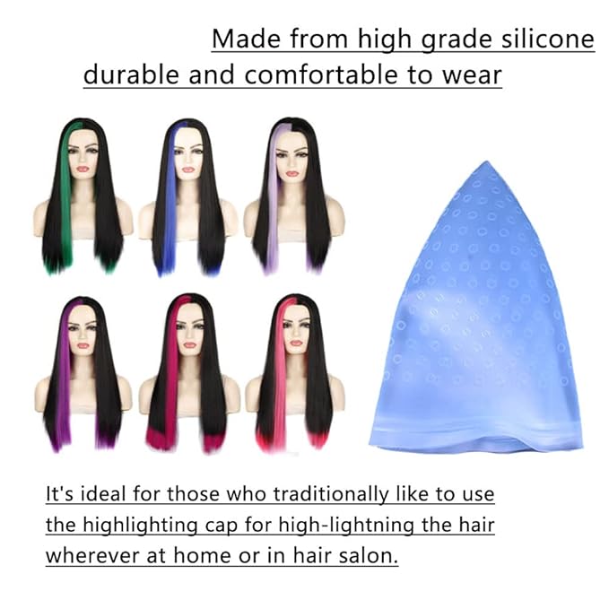 1 Pc Blue Reusable Silicone Hair Coloring Highlighting Cap, Hair Dyeing Cap for Hair with Hook for Hair Coloring Salon Hairdressing Tool