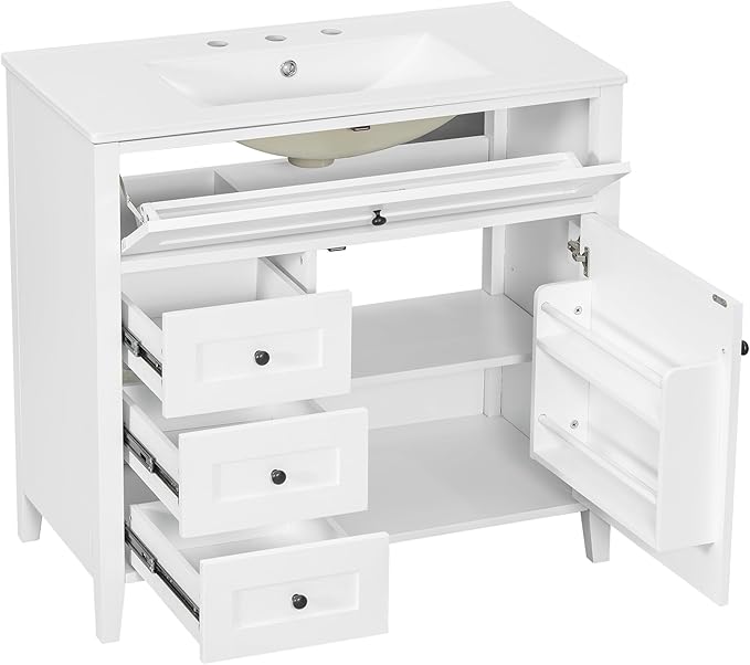 Harper & Bright Designs 36" Bathroom Vanity with Sink, Free Standing Vanity Set with 4 Drawers, Storage Racks, and Adjustable Shelf, Wood Bathroom Cabinet with Ceramic Basin for Bathroom, White