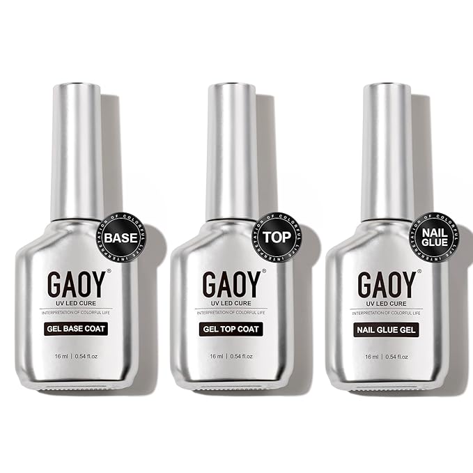 GAOY Gel Top Coat, Nail Glue Gel and Base Coat Set, 3 Pcs 16ml Clear Glossy No Wipe Combination for UV Light Cure