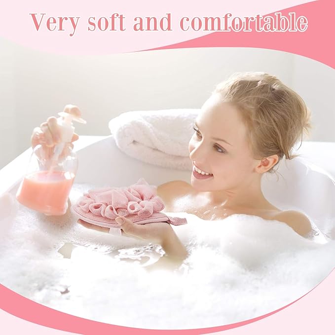 Boao 3 Pcs Bath Shower Pouf Sponge Mesh Pouf Shower Ball Exfoliating Body Sponge Pad Scrubber Glove with Flower Bath Ball (Pink)