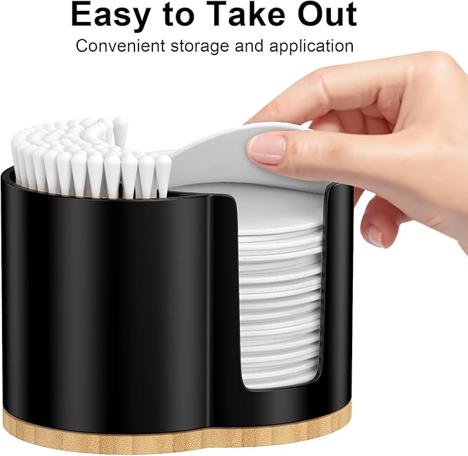 Cotton Pad and Swab Holder, Q tip Holder Round Cotton Pad Dispenser Plastic Cotton Swabs Dispenser, Bathroom Accessories Storage Organizer for Cotton Pads Floss Picks, Black