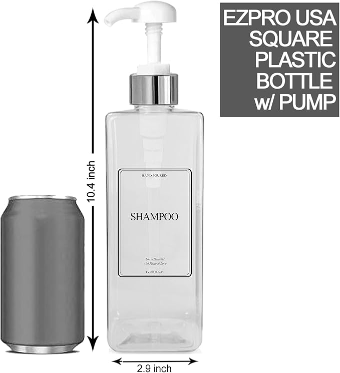 Empty Plastic Square Bottles Pump Shampoo Conditioner Body Wash Face, in Shower Bathroom Dispenser, Waterproof Permanent Labels, 27oz 800ml Set of 4 (Clear Plastic, Silver White Pump)