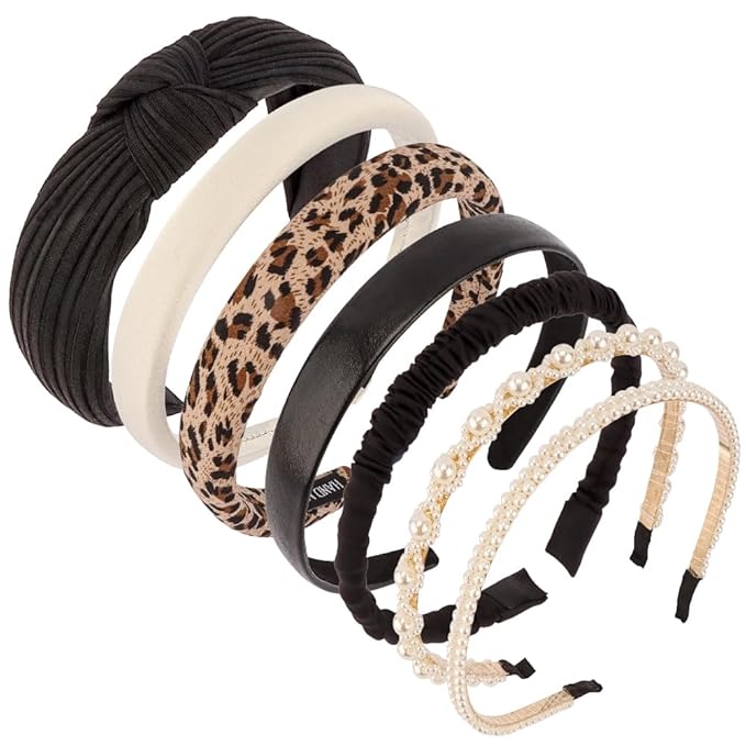 AHONEY 7 Pack Black Headbands for Women Cheetah Print Leopard Headbands Non Slip Leather Hairbands Fashion Hair Accessories Multi-style Headband Pack Diademas Para Mujer
