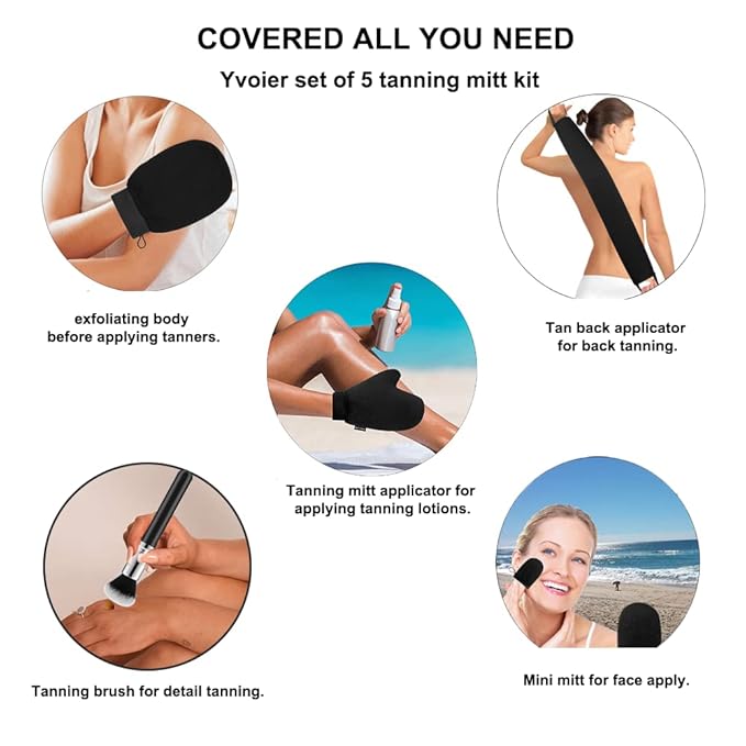 Streakless Self Tanning Mitt Applicator Kit, 5 Pack Self Tanner Mitt with Tanning Glove, Self Tanner Back Applicator, Tanning Brush, Mini Face Glove and Exfoliating Mitt