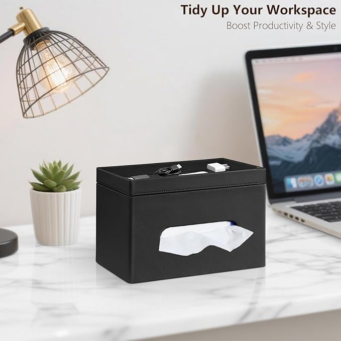 Fanousy Large Tissue Box Cover Rectangle with Tray on Top, PU Leather Facial Tissue Holder with Storage, Fits 230-Count Family Size Kleenex, Modern Nightstand Organizer for Bathroom Office Home Decor