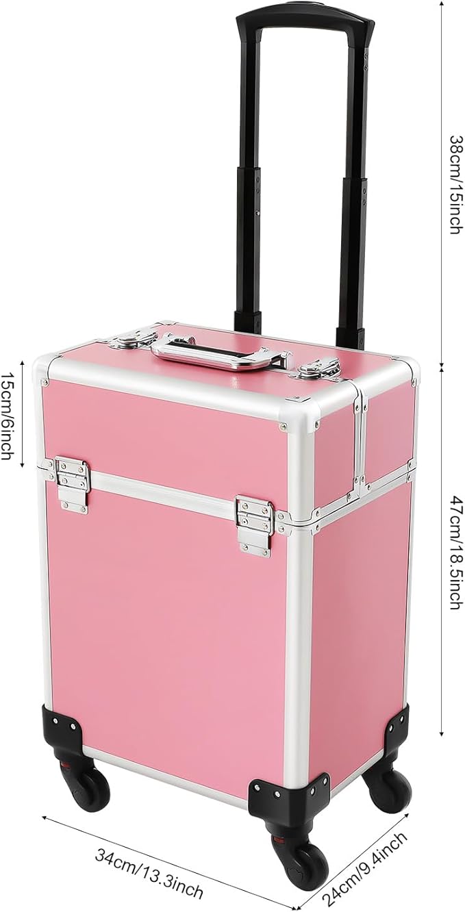 Pink Rolling Makeup Case, Professional Cosmetic Box Storage on Wheels, Large Make Up Train Carrying Cases w/4 Organizer Trays, Cosmetic Case Trolley with Locks for Makeup/Nail Art/Hair Styling