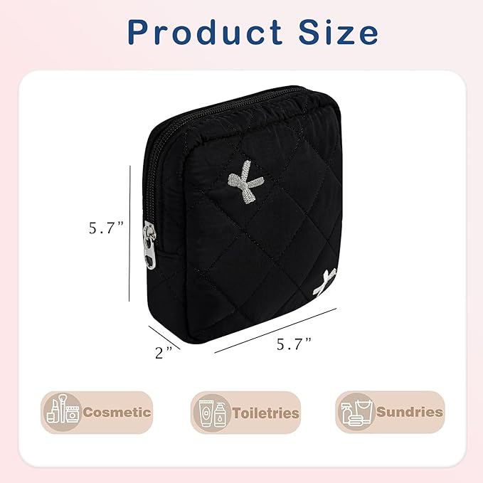 Small Quilted Cosmetic Pouch for Purse, Mini Cotton Makeup Bag with Compartments, Cute Zipper Lipstick Holder for Women (08Black Bow)