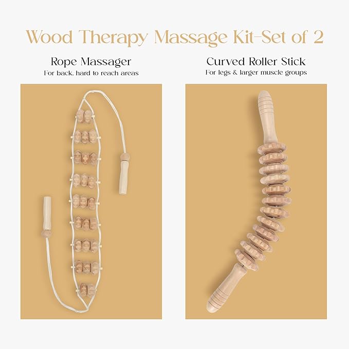 Mr.Woodware Wood Therapy Massage Tools - 2 Pcs Wooden Lymphatic Drainage Curved Roller Stick & Back Massager with Rope Massage Kit - Wood Massage Tools for Body Shaping, Sculpting, Maderoterapia