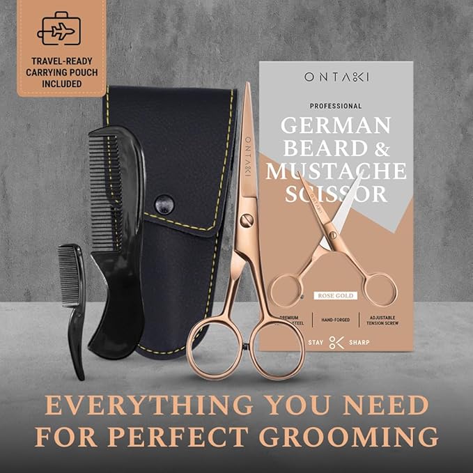 Ontaki Beard & Mustache Scissors for Men - 5inch, Rose Gold - 410C German Steel Durable, Ergonomic Design Travel Friendly Facial Hair Scissors - Beard Grooming Kit 2 Combs & Case Perfect for Styling