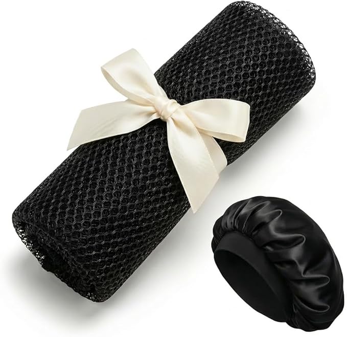 African Net Sponge, Exfoliating Body Scrubber, Soft Satin Silk Bonnet for Men Women Hair Bonnet for Sleeping, Double Layer Silk Sleep Cap, Black, HomeyVenture