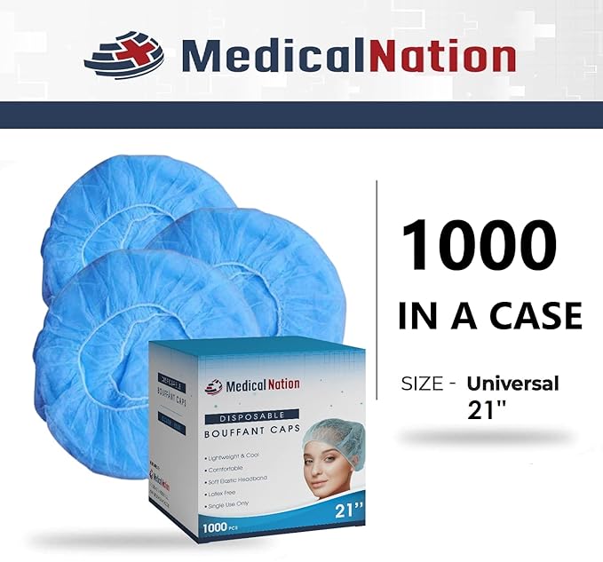21" Disposable Bouffant Caps Hair Net | CASE OF 1000, BLUE | Non-Woven, Non-Pleated Hairnets | Perfect for Medical, Labs, Nurse, Tattoo, Food Service, Hospital, Cooking - Size 21" Blue