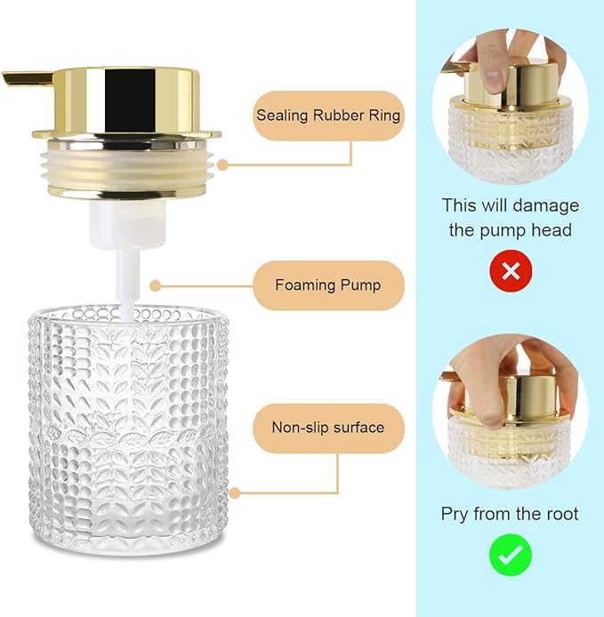 Glass Foaming Soap Dispenser,Foam Dispenser Bottle with Large Pump,Wide-Mouthed and Easy to Press,Refillable Hand Soap Dispenser for Bathroom Countertop and Kitchen Decor (1, Clear)