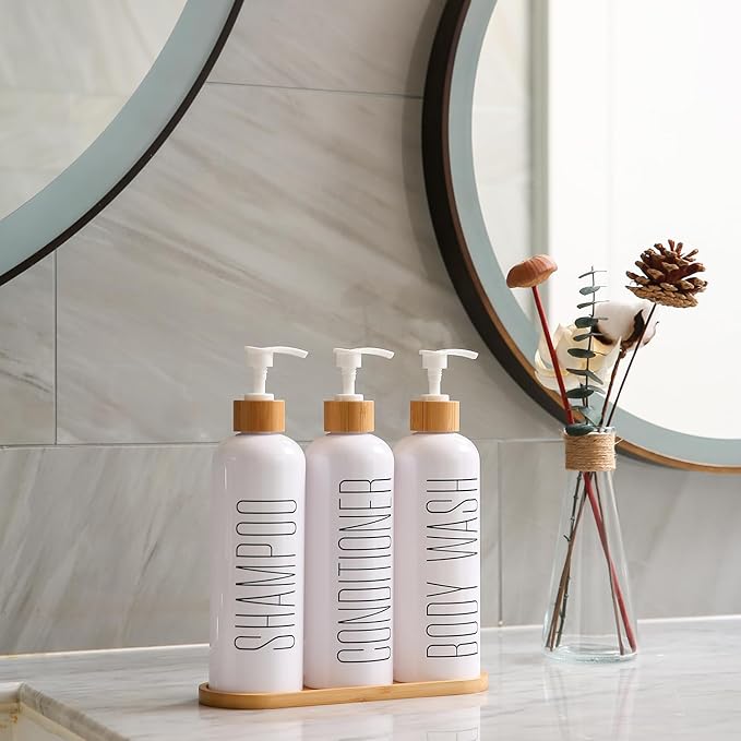 Shampoo and Conditioner Dispenser, Contains Shampoo Conditioner Body Wash Dispenser. Shower Soap Dispenser with Bamboo Pumps & Tray, Perfect for Modern Bathroom Decor. (White)