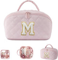 LOVEVOOK Travel Makeup Bag for Women, 2Pcs Puffer Waterproof Cosmetic Organizer, Large Capacity Pouch Open Flat Small Toiletry Bag with Brush Compartment & Handle (Pink-M, Medium)