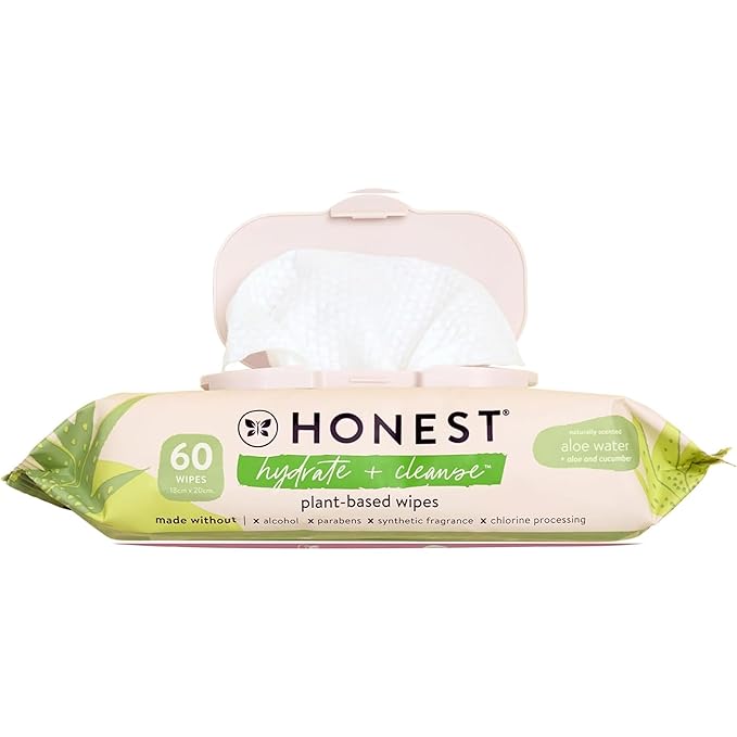 The Honest Company Hydrate and Cleanse Naturally Scented Wipes, Cleansing Multi-Tasking, 99% Water, Plant Based, Hypoallergenic, Aloe Cucumber, 60 Count