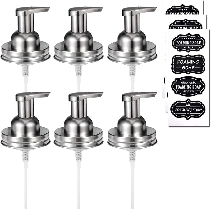 Amolliar Mason Jar Foaming Soap Dispenser Pump Lids (6 Pack), Refillable Foaming Pump Replacement for 16oz Regular Mouth Mason Jar, Waterproof Sticker, Kitchen Bathroom Farmhouse Decor, Brushed Nickel