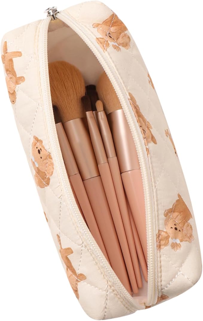 Cute Floral Makeup Brush Bag Small Cotton Quilted Cosmetic Bag for Women Travel Toiletry Zipper Make Up Pouch (Little dog)