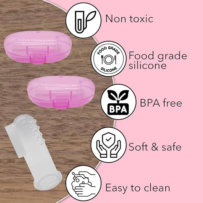 Baby Finger Toothbrush (Set of 2) - Silicone Baby Toothbrush with 2 Cases in Pink - Toddler Training Toothbrush - Newborn Oral Massager - Easy Oral Hygiene for Kids & Pets (Pink)