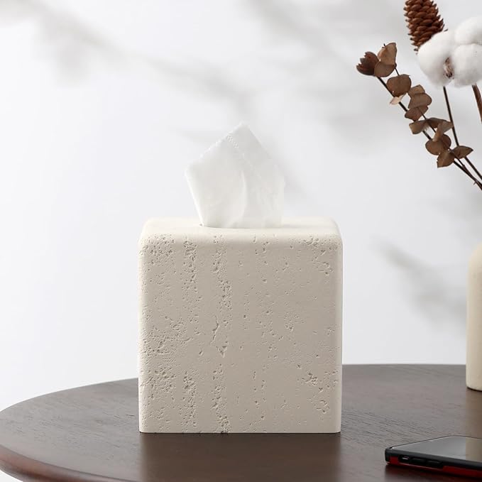 Tissue Box Cover Square, Resin Facial Tissue Holder Covers Toilet Paper Holder Decorative Travertine Paper Dispenser Home Decor for Bathroom Bedroom Living Room Office (Off White)