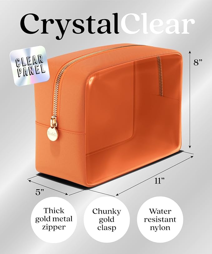 Embla Clear Large Makeup Bag Cute Big Make Up Nylon Pouches Travel Bathroom Bags for Toiletries XL Cosmetic Pouch for Women Girls Extra Large Zipper Toiletry Skincare Organizer Orange
