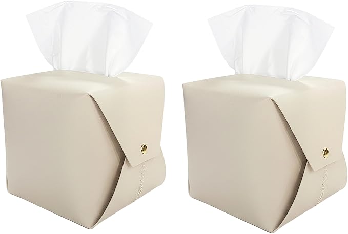 Tissue Box Cover Square, Leather Tissue Holder Organizer with Side Openings for Bathroom, Vanity, Tabletop, Office (2Pack-White)