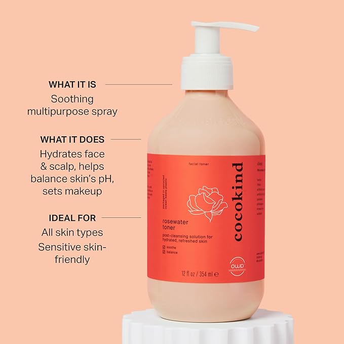 Jumbo Rosewater Facial Toner by Cocokind, Multipurpose Spray to Set Makeup, Double Cleanse, and Balance Skins pH, Made with Rose Hydrosol, 12 Fl Oz
