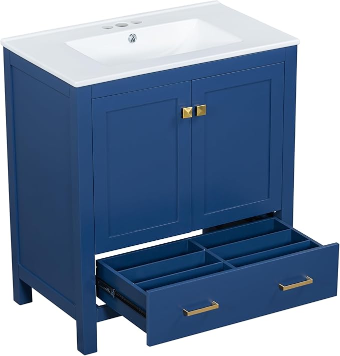Bellemave 30" Bathroom Vanity with Sink Combo Set, Solid Wood Frame Bathroom Storage Cabinet with a Drawer, 2 Soft Closing Cabinet Doors with Organizer, Blue