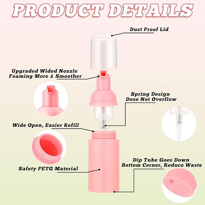 24 Pcs Foam Pump Bottles 1 Oz/ 30 ml Plastic Mini Empty Dispenser Travel Soap Foaming Bottles for Refillable Hand Sanitizer Lash Shampoo(Pink)