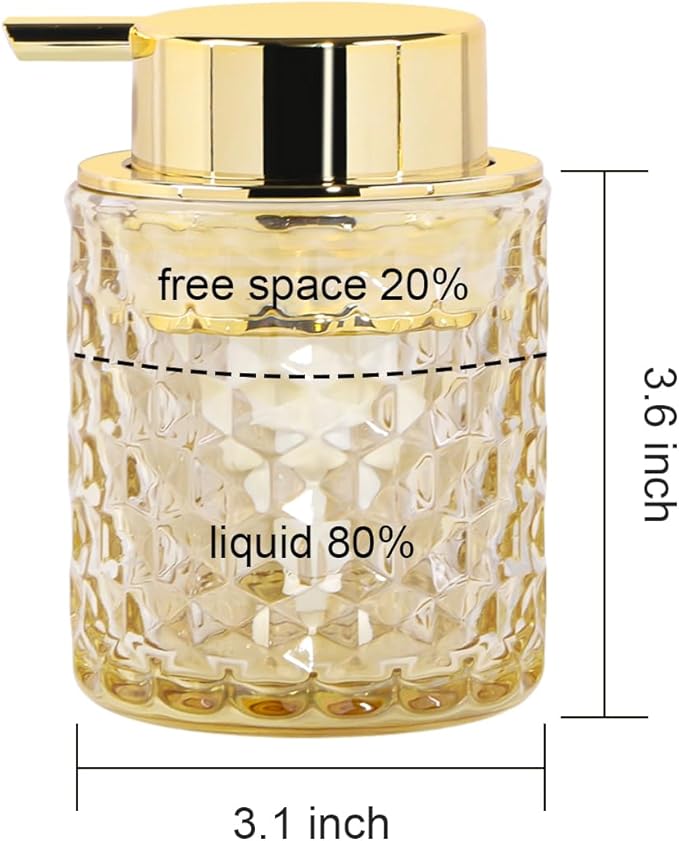 Amber Foaming Soap Dispenser, Glass Soap Dispenser with Gold Pump, Bathroom Refillable 10 Oz Lotion Shampoo Pump Container Vintage Diamond Bottle for Bathroom and Kitchen