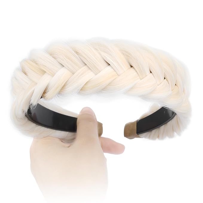 DIGUAN Wide Messy Braided Headband With Teeth Synthetic Hair Plaited Headband High Elasticity Braids Chunky Fishtail Braided Hair Band Hairpiece for Girls Women (Warm White)