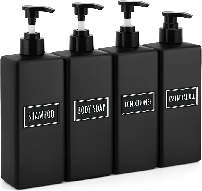 Segbeauty Bathroom Soap Dispenser Set, 4 Pack of 16.9oz Shower Bottles Refillable with Labels, 500ml Plastic Square Matte Black Soap Dispenser Empty Pump Bottles for Shampoo Conditioner Body Soap