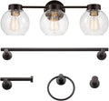Globe Electric 63000202 5-Piece All-in-One Bathroom Accessory Set with 24" 3-Light Vanity Light, Dark Bronze, Seeded Glass Shades, Towel Bar, Robe Hook, Toilet Paper Holder, Towel Ring, Powder Room