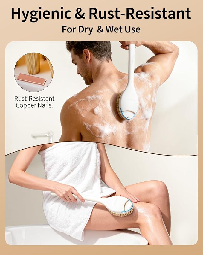 BUBBLEDANCE® Back Scrubber for Shower with Extendable Long Handle (17.5-31.9"), 1.3X Larger Natural Stiff Bristles, Anti-Slip Shower Brush for Deep Exfoliating, Bath & Dry Brushing