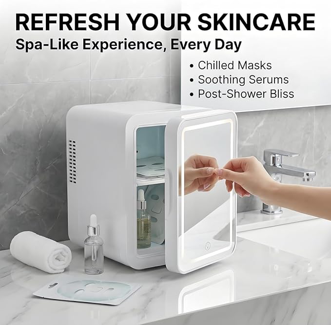 Lispin Mini Fridge for Bedroom, 4L Skincare Fridge with Dimmable LED Light Mirror for Dorm & Office, Portable Cooler & Warmer Small Compact Refrigerator for Skincare (White-4L（cold and warm）)