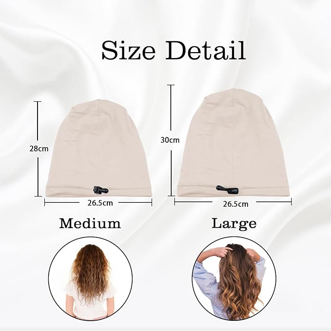 2 Pcs Adjustable Silk Hair Bonnet for Sleeping, Satin Lined Sleep Cap for Women and Men, Silk Hair Wrap Slouch Beanie.