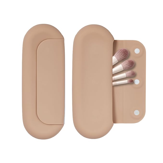 Éclat Silicone Makeup Brush Holder Travel, 3 in 1 Portable Bag With Anti-Fall Out Magnetic Closure & Cleaner Mat Case, Soft Cosmetic Tool Organizer Pouch Keeps Brushes Clean & Dust Free (Beige)