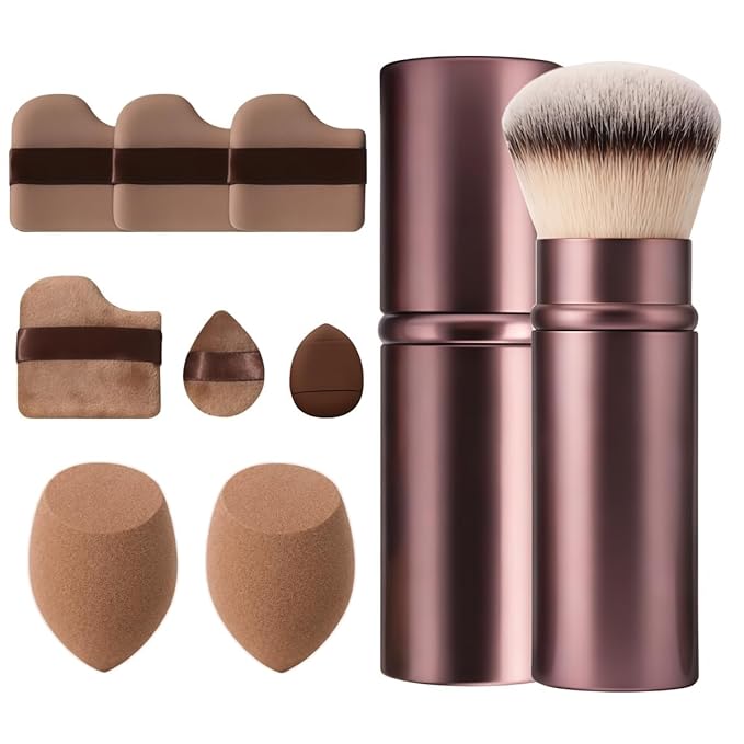 Beauty Sponge & Retractable Makeup Brush Set - 9 PCS Makeup Sponge Applicator Tool Set With Powder Puffs Beauty Sponges & Retractable Kabuki Brush for Foundation, Concealer, Liquid, Cream & Powder