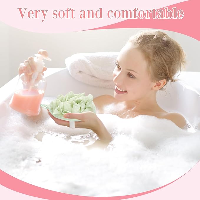 Boao 6 Pcs Bath Shower Pouf Sponge Mesh Pouf Shower Ball Exfoliating Body Sponge Pad Scrubber Glove with Flower Bath Ball (Green,Light Pink)
