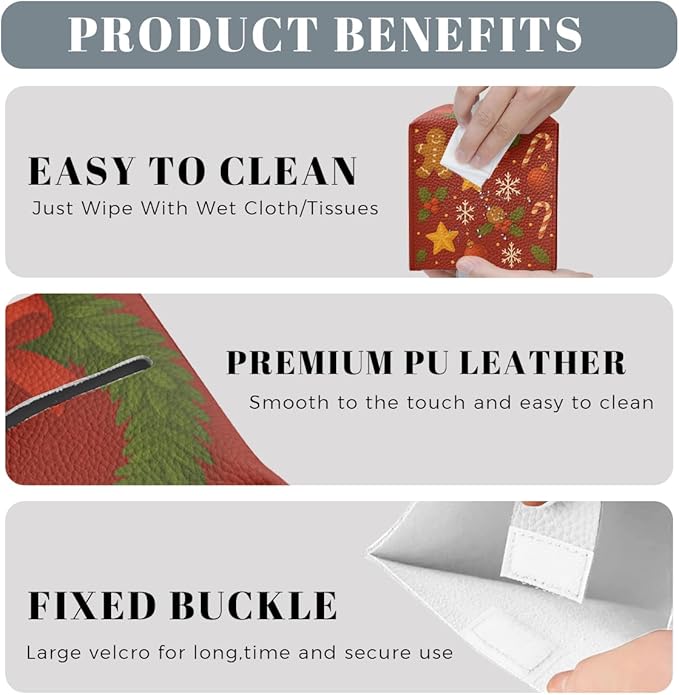 Christmas Tissue Box Cover Funny Cartoon Cute Red Xmas Holly Leather Tissue Box Holder Square Facial Paper Organizer Dispenser for Car Bathroom Bedroom Office Tabletop Decor