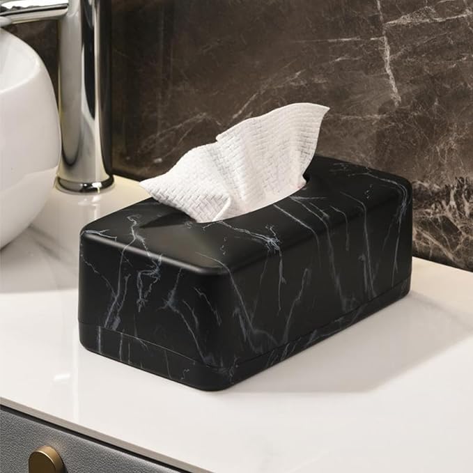 Tissue Box Holder, Rectangular Napkin Dispenser Box Cover, Black Faux Marble Facial Dryer Sheet Towel Organizer Case for Bathroom, Bedroom, Restaurant, Cars