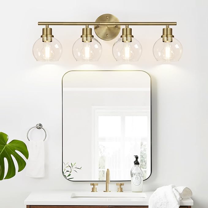 4-Light Bathroom Light Fixtures, Brushed Brass Bathroom Lights Over Mirror with Clear Glass Globe Shade, Vanity Lights for Bathroom Kitchen Living Room Hallway Cabinet Bedroom Porch